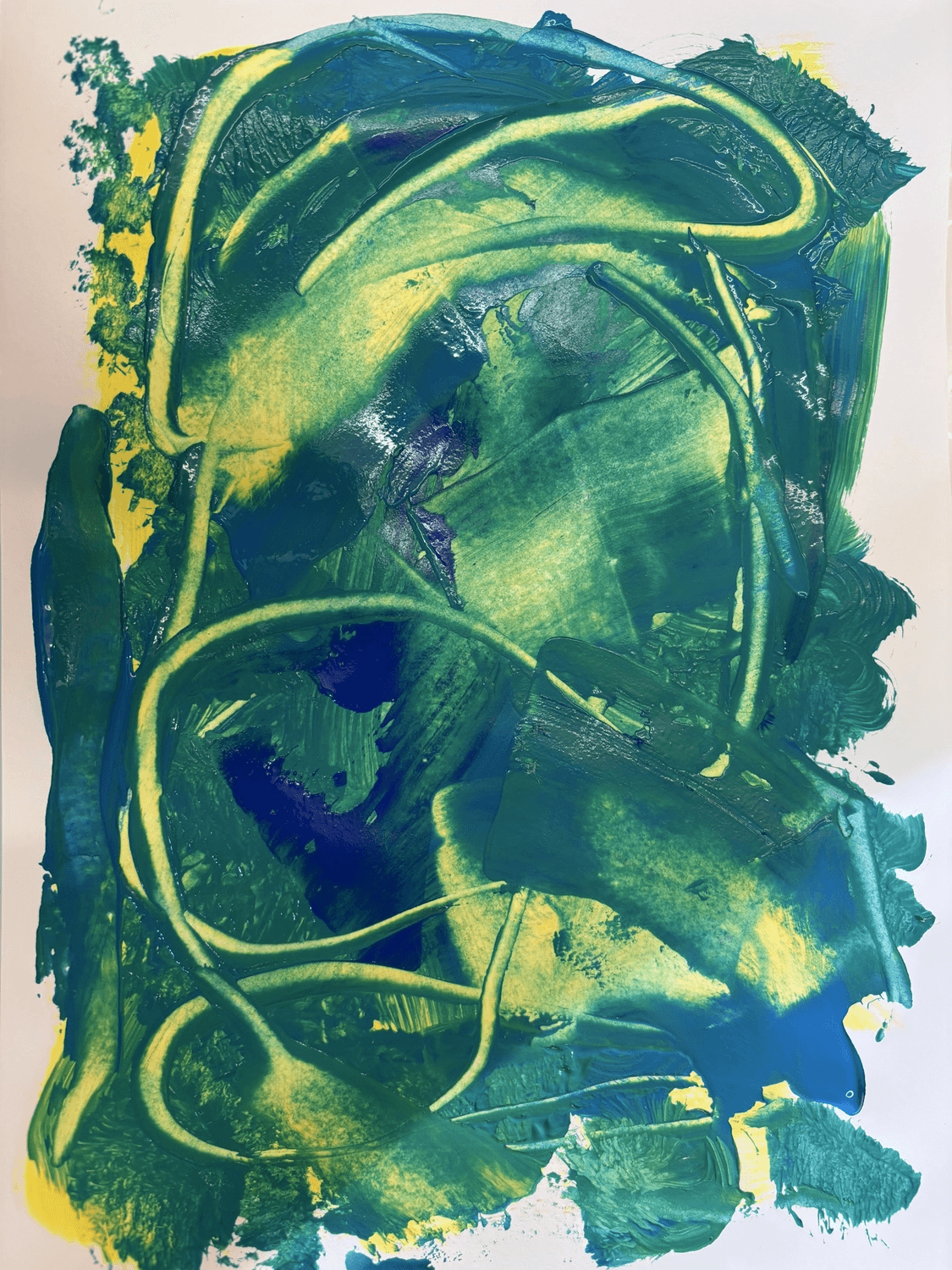 Original-Kunsttherapie-Arbeit in Grün, Blau und Gelb